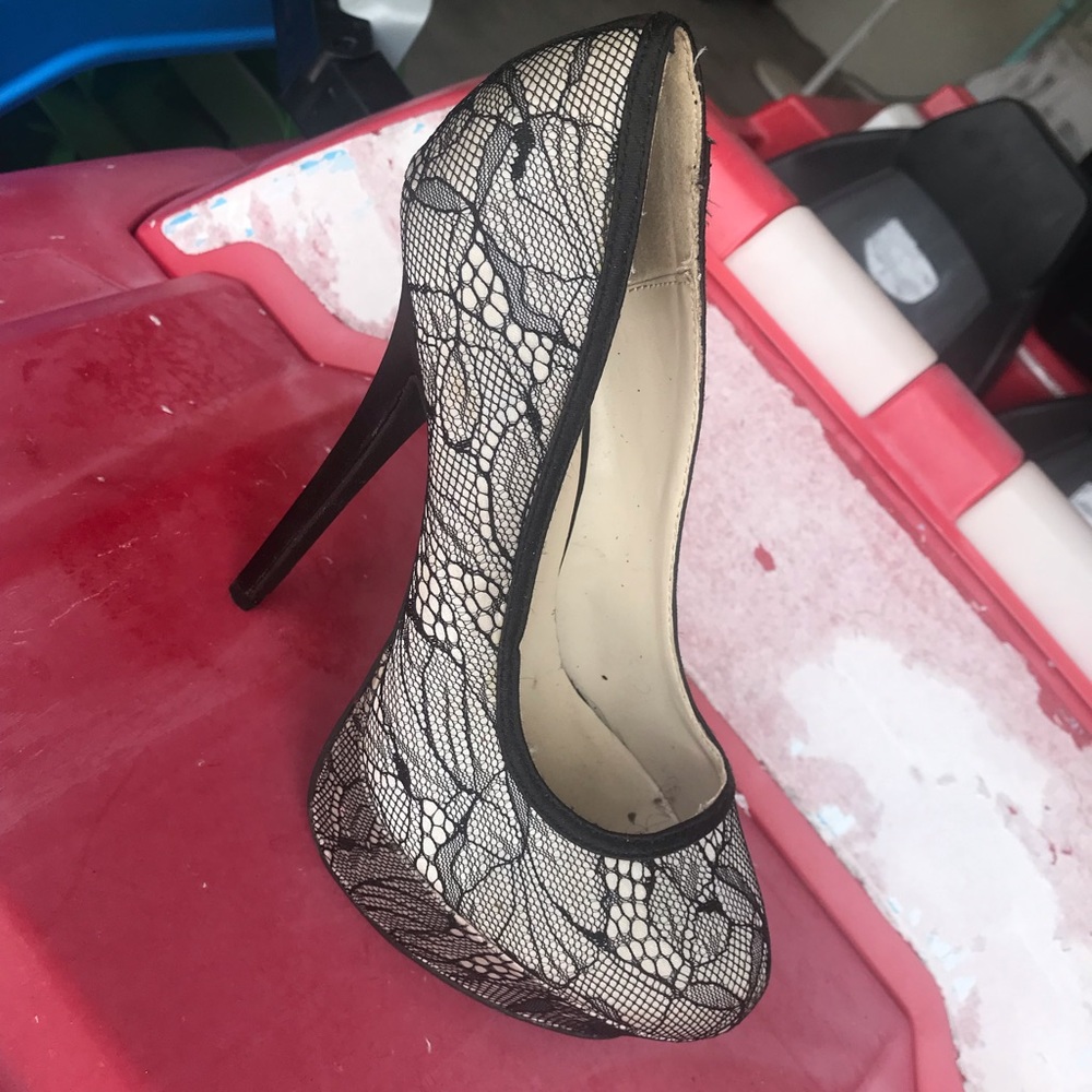 Black and white lace heels
